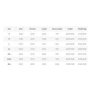 May include: A white chart with black text detailing garment measurements. The chart includes sizes S through 4XL, with bust, shoulder, length, sleeve length, height, and weight in inches and kilograms.