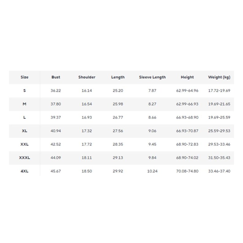 May include: A white chart with black text detailing garment measurements. The chart includes sizes S through 4XL, with bust, shoulder, length, sleeve length, height, and weight in inches and kilograms.