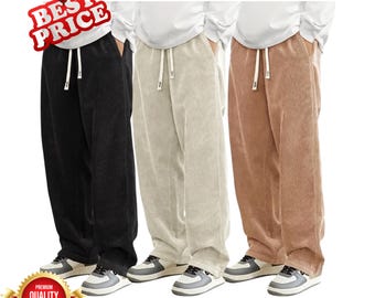 Coupe ample en velours côtelé pour hommes | Pantalon décontracté à jambe droite avec cordon de serrage | Streetwear taille élastique