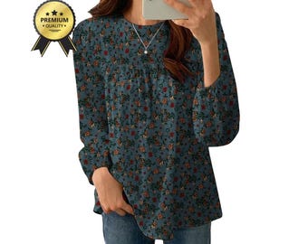Damblus med blommönster Boho Holiday Toppar Vintage Långärmad Arbetsskjorta Casual Bomull Chemise Damblus