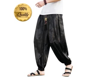 Pantalones anchos para hombre: pantalones casuales holgados de seda helada con estampado de flor de dragón