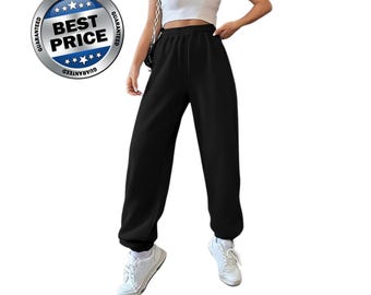 Pantalones deportivos holgados e informales para mujer, cintura elástica con cordón ajustable, color liso, estilo urbano.