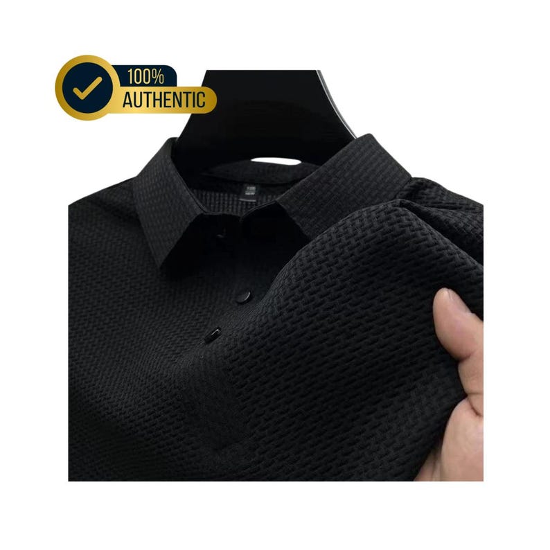 May include: Black textured dress shirt with a classic collar and button-down front. The shirt is displayed on a hanger. A gold and blue badge in the upper left corner reads "100% AUTHENTIC".