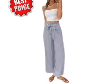 Pantalones de pierna ancha con rayas europeas de talle alto – Pantalones elegantes tipo "bolsa de papel" para la oficina y ocasiones informales.