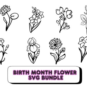 Birth Month Flower SVG Bundle | 12 Monthly Floral Clipart Files | Botanical Line Art Cricut PNG DXF Cut Files