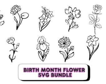 Paquete SVG de flores del mes de nacimiento / 12 archivos de imágenes prediseñadas florales mensuales / Arte lineal botánico Cricut PNG DXF archivos de corte