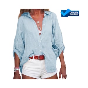 Women’s Cotton Shirt: Solid Color, Loose Fit, 3/4 Sleeve Blouse, Casual Summer Top