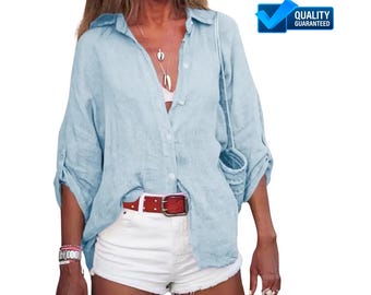 Women’s Cotton Shirt: Solid Color, Loose Fit, 3/4 Sleeve Blouse, Casual Summer Top