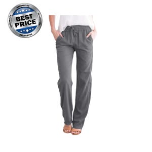 May include: Gray drawstring pants with pockets. The pants have a relaxed fit and a straight leg. The model is wearing the pants with a white top and sandals. A silver and blue circular graphic with the text "BEST PRICE" is in the upper left corner.