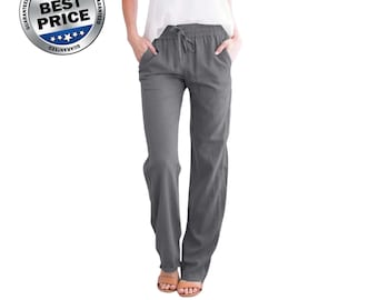Pantalones de mujer de algodón y lino con cordón ajustable y cintura elástica – Pantalones casuales de color liso y corte holgado.