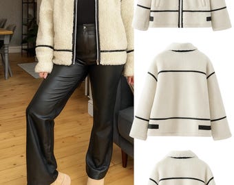 Women's Contrast Trim Plush Sherpa Jacket Warm Lamb Wool Style Coat, Winter Fleece Outerwear, Cozy Casual Zip-Up Jacket for Cold Weather