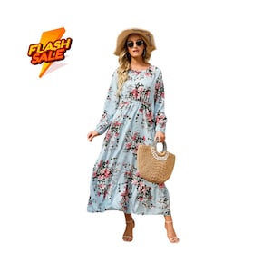 Bohemian Floral Chiffon Maxi Dress Women’s Summer Beach Outfit, Casual Floral Long Sleeves Dress