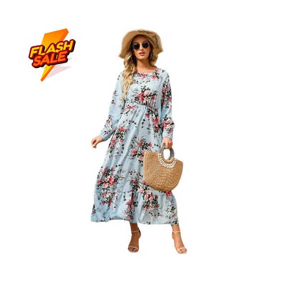 sachin and babi light blue dress A-Line Chiffon Floral Print Crew Neck Floor-Length Formal Dresses for –  Shirees
