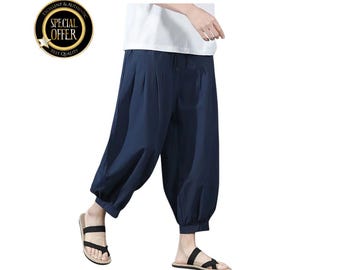 Men’s Cotton Linen Shorts: Baggy Wide-Leg Summer Capris, Casual Running Pants