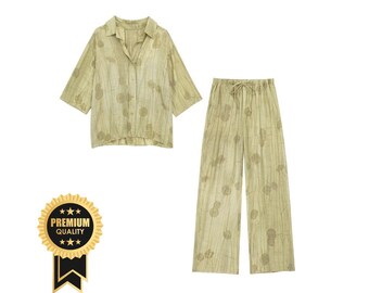 Women’s Jacquard Outfit Set: Loose Shirt and Casual Pants, Spring Summer Fashion