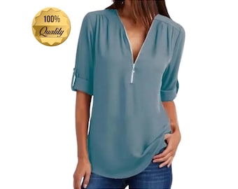 Women’s Chiffon Blouse, Loose Deep V-Neck Shirt, Casual Summer Top, Plus Size