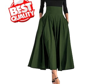 Elegant Solid Color A-Line Skirt for Women, High Elastic Waist with Bow Detail, Long Skirt