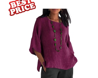 Blusa de mujer de algodón y lino, corte holgado, manga tres cuartos, estilo casual de verano.