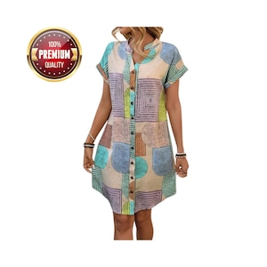 2025 Geometric Print V-Neck Dress – Elegant Button Up Summer Dress for Women