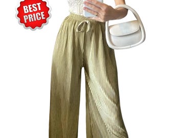 Pleated Loose Ice Silk Wide Leg Pants for Women, Casual Korean Style Comfortable Lounge Trousers