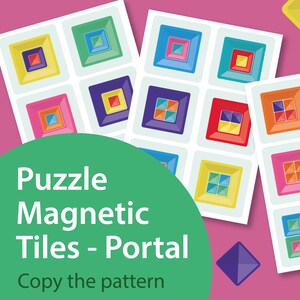 Puede incluir: Azulejos magnéticos de rompecabezas coloridos con una variedad de patrones. La imagen presenta múltiples hojas de azulejos con diseños cuadrados en varios colores, incluyendo azul, verde, amarillo y rojo. El texto "Puzzle Magnetic Tiles - Portal" también es visible.
