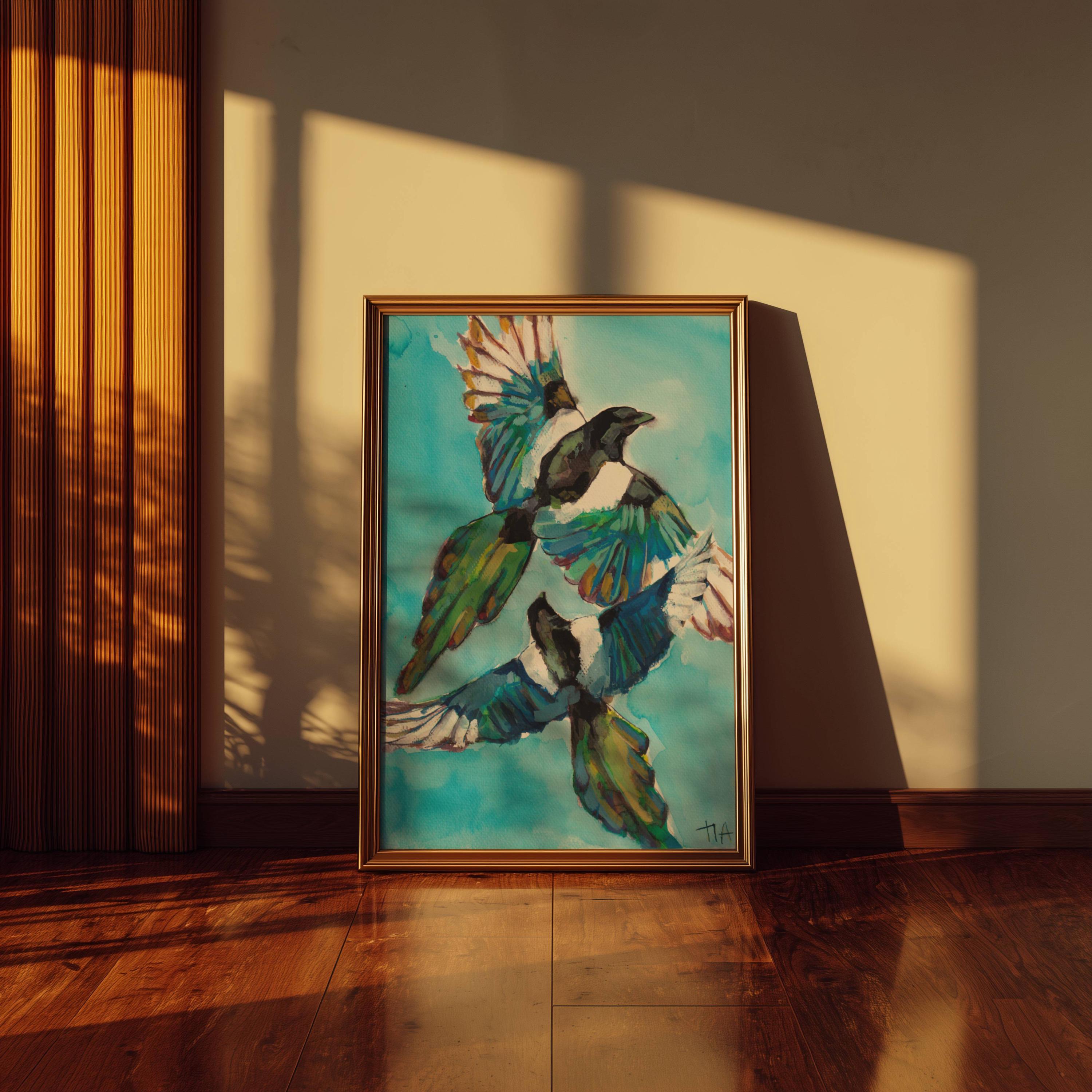 Two For Joy - Magpie Art Artful Romantic Art Whimsical Decore Artfully Printing lounge decoration Bird Watching Gift Home Decor