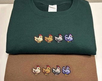 Cross-Stitched by Hand, Stardew Valley Inspired Chickens Crewneck - Sweatshirt for Gamers