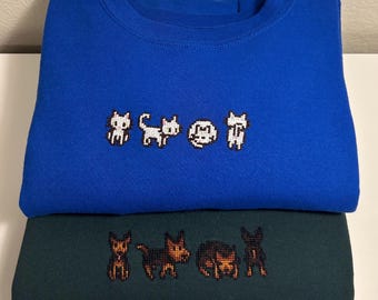 Custom X-Stitched by Hand Cat and Dog Stardew Valley Inspired Crewneck Sweater - Sweatshirt for Gamers
