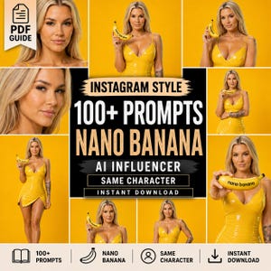 Op de afbeelding: Een digitale gids met een blond persoon in een gele jurk die een banaan vasthoudt tegen een gele achtergrond. De tekst bevat INSTAGRAM STYLE 100+ PROMPTS NANO BANANA AI INFLUENCER SAME CHARACTER INSTANT DOWNLOAD en een PDF-pictogram.