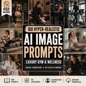 Op de afbeelding: Een digitale gids getiteld 100 Hyper-Realistic AI Image Prompts Luxury Gym & Wellness met een collage van acht foto's van personen in sportkleding die oefeningen doen en ontspannen in een badjas, inclusief iconen voor prompts en download.