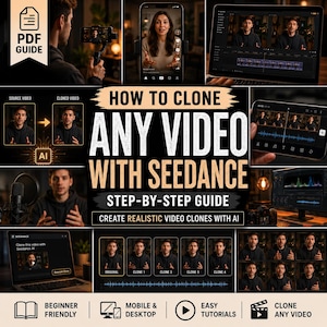 Könnte beinhalten: Ein digitaler Leitfaden mit dem Titel How to Clone Any Video with Seedance, der Schritt-für-Schritt-Anleitungen, KI-Technologie und Videobearbeitungssoftware auf Laptops und Mobilgeräten sowie Vergleiche von Quell- und Klonvideos zeigt.