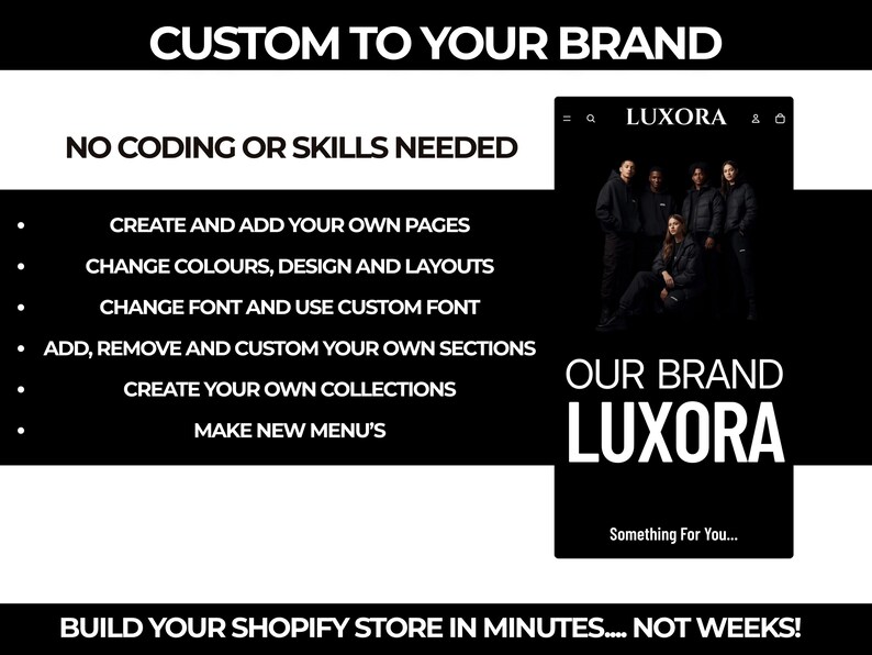 May include: A black and white graphic promoting a brand, with the text "CUSTOM TO YOUR BRAND" and "NO CODING OR SKILLS NEEDED." It lists features like creating pages and changing designs. The brand name is LUXORA.