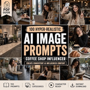 以下が含まれることがあります： 100 Hyper-Realistic AI Image Prompts Coffee Shop Influencerというタイトルのデジタルガイド。ノートパソコン、コーヒー、本、スマートフォンを使ったシーンなど、カフェにいる人物の8枚の写真で構成されたコラージュ画像。