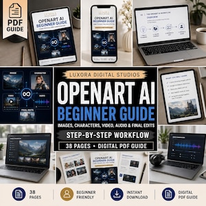 Op de afbeelding: Een digitale PDF-gids getiteld OpenArt AI Beginner Guide van Luxora Digital Studios, met een 38 pagina's tellende stapsgewijze workflow voor afbeeldingen, personages, video en audio. De gids wordt getoond op een tablet, smartphone en laptop.