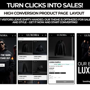 May include: A promotional image with the text "TURN CLICKS INTO SALES!" and "HIGH CONVERSION PRODUCT PAGE LAYOUT." It showcases a website theme with product examples, including a hoodie and jacket. The brand name "LUXORA" is prominently displayed.