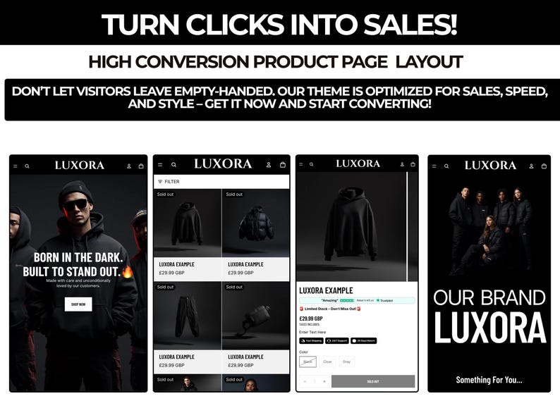 May include: A promotional image with the text "TURN CLICKS INTO SALES!" and "HIGH CONVERSION PRODUCT PAGE LAYOUT." It showcases a website theme with product examples, including a hoodie and jacket. The brand name "LUXORA" is prominently displayed.