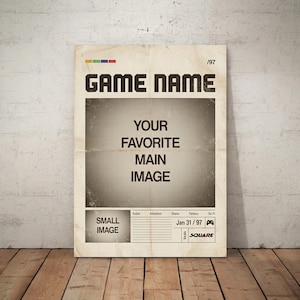 Op de afbeelding: Een poster in vintage-stijl met de tekst "GAME NAME" in vette, zwarte letters. De poster heeft ruimte voor een hoofdafbeelding en een kleinere afbeelding, met genre-labels en de datum "Jan 31/97". De poster heeft een retro-esthetiek.