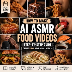 May include: A digital guide titled How to Make AI ASMR Food Videos with a step-by-step guide for creating viral content. The cover features a collage of food images including fried chicken, chocolate cake, noodles, honey, strawberries, sushi, ice cream, a burger, pasta, and a cookie.
