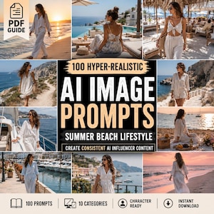 以下が含まれることがあります： 100 Hyper-Realistic AI Image Prompts Summer Beach Lifestyleというタイトルのデジタルガイド。ビーチ、ボート、リゾートなど、様々な海岸沿いの場所で白い夏服を着た人々が写っている写真コレクションが掲載されています。