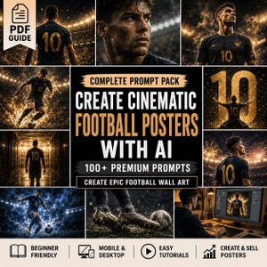 May include: A digital guide titled Complete Prompt Pack Create Cinematic Football Posters With AI featuring 100+ premium prompts. The cover displays various images of football players wearing jerseys with the number 10 in stadium settings.