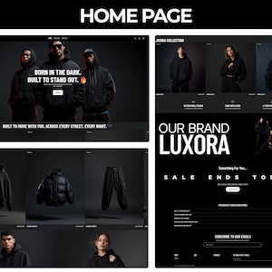 May include: Website homepage featuring a dark theme with the text "BORN IN THE DARK. BUILT TO STAND OUT." and "BUILT TO MOVE WITH YOU. ACROSS EVERY STREET. EVERY NIGHT." The website showcases clothing and the brand name LUXORA.