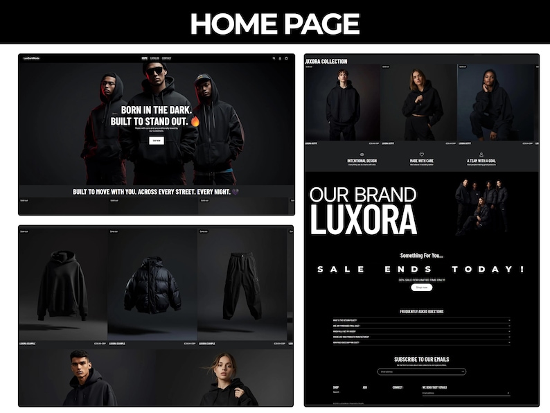 May include: Website homepage featuring a dark theme with the text "BORN IN THE DARK. BUILT TO STAND OUT." and "BUILT TO MOVE WITH YOU. ACROSS EVERY STREET. EVERY NIGHT." The website showcases clothing and the brand name LUXORA.