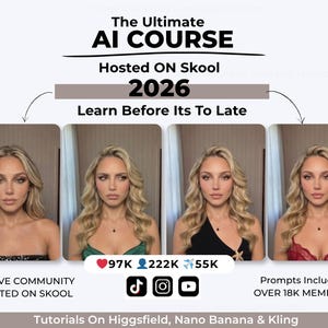 May include: Promotional graphic for "The Ultimate AI Course" hosted on Skool in 2026. The image features a woman in four different outfits, with text including "Learn Before Its To Late" and social media icons.