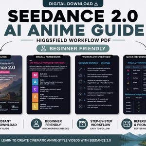 May include: Digital download of the Seedance 2.0 AI Anime Guide. The guide includes a PDF with a beginner-friendly, step-by-step workflow for creating cinematic anime-style videos. Includes reference images and prompting.