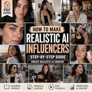 May include: A digital guide titled How to Make Realistic AI Influencers Step-by-Step Guide Create Realistic AI Content. The layout features a collage of nine photographs showing a person in various settings, including casual, fitness, and professional environments.