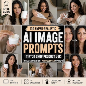 May include: A digital guide titled 100 Hyper-Realistic AI Image Prompts for TikTok Shop Product UGC, featuring a collage of images showing a person interacting with white and black cosmetic jars, a shipping box, and a before-and-after face comparison.