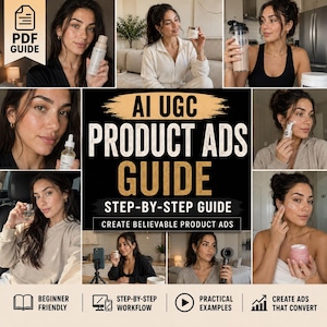 May include: A digital guide titled AI UGC PRODUCT ADS GUIDE STEP-BY-STEP GUIDE CREATE BELIEVABLE PRODUCT ADS featuring a collage of photos showing a person using various skincare products, a shaker bottle, and a hair styling tool in different settings.