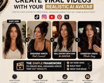 May include: An instructional graphic titled COMPLETE MASTERCLASS CREATE VIRAL VIDEOS WITH YOUR REALISTIC AI AVATAR. It features four panels showing a woman in various settings, social media icons, and text detailing a system to build trust and get views.