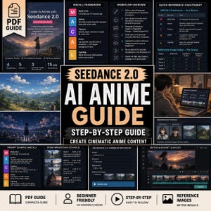 Könnte beinhalten: Ein digitaler PDF-Leitfaden mit dem Titel Seendance 2.0 AI Anime Guide, der einen Schritt-für-Schritt-Workflow zur Erstellung filmischer Anime-Inhalte zeigt. Das Layout umfasst das MACALL-Framework, Arbeitsabläufe und Beispiele.