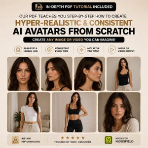 May include: A digital guide titled IN-DEPTH PDF TUTORIAL INCLUDED: OUR PDF TEACHES YOU STEP-BY-STEP HOW TO CREATE HYPER-REALISTIC & CONSISTENT AI AVATARS FROM SCRATCH. It features six photos of a person with long brown hair in various outfits.